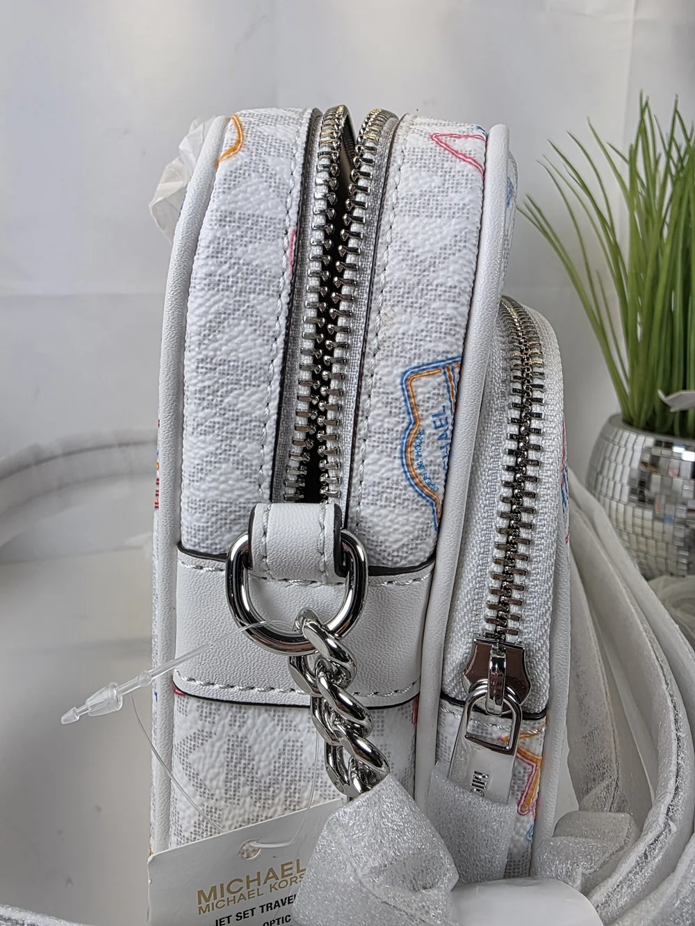 Michael Kors Jet Set Travel White Logo Crossbody Bag with Retro Medium Print NWT